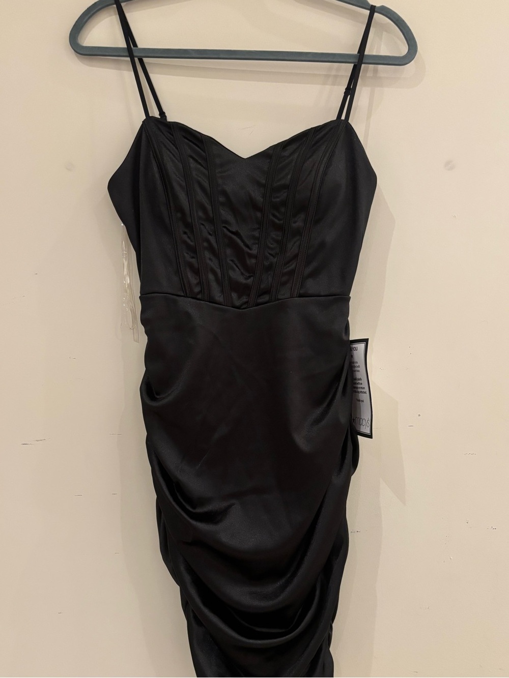 NWT Emerald Sundae Black Satin Ruched Slip Dress